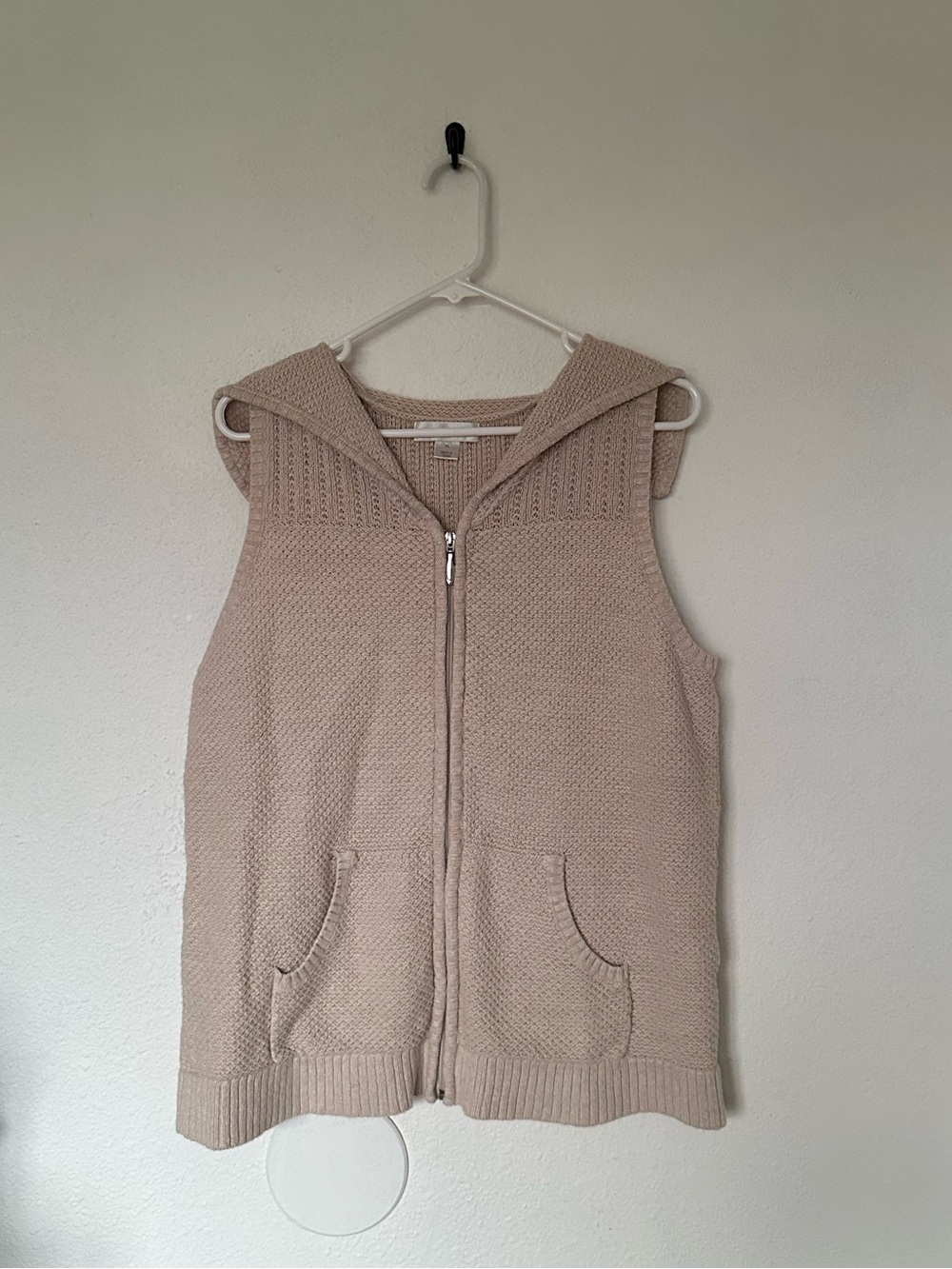 Christopher & Banks Cream Hooded Zip Knit Sleeveless Vest